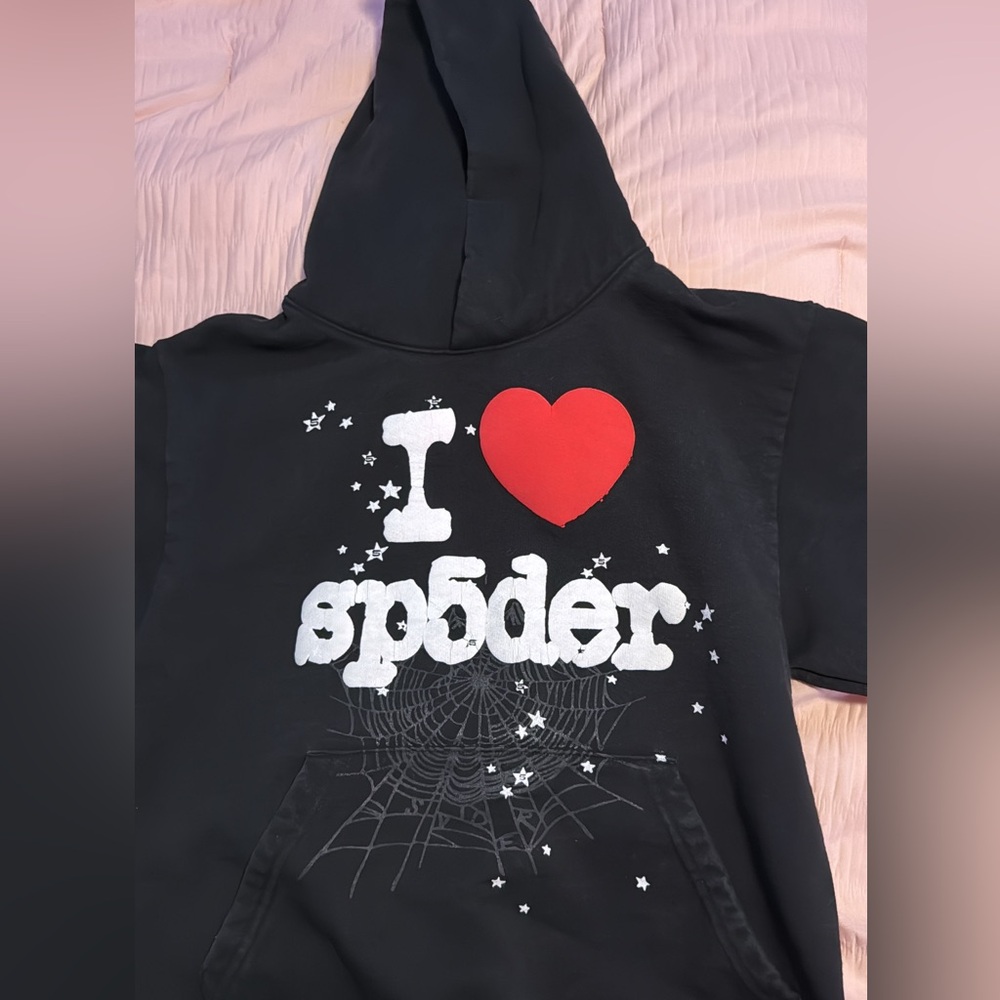 Sp5der Black Hoodie with Red Heart Design